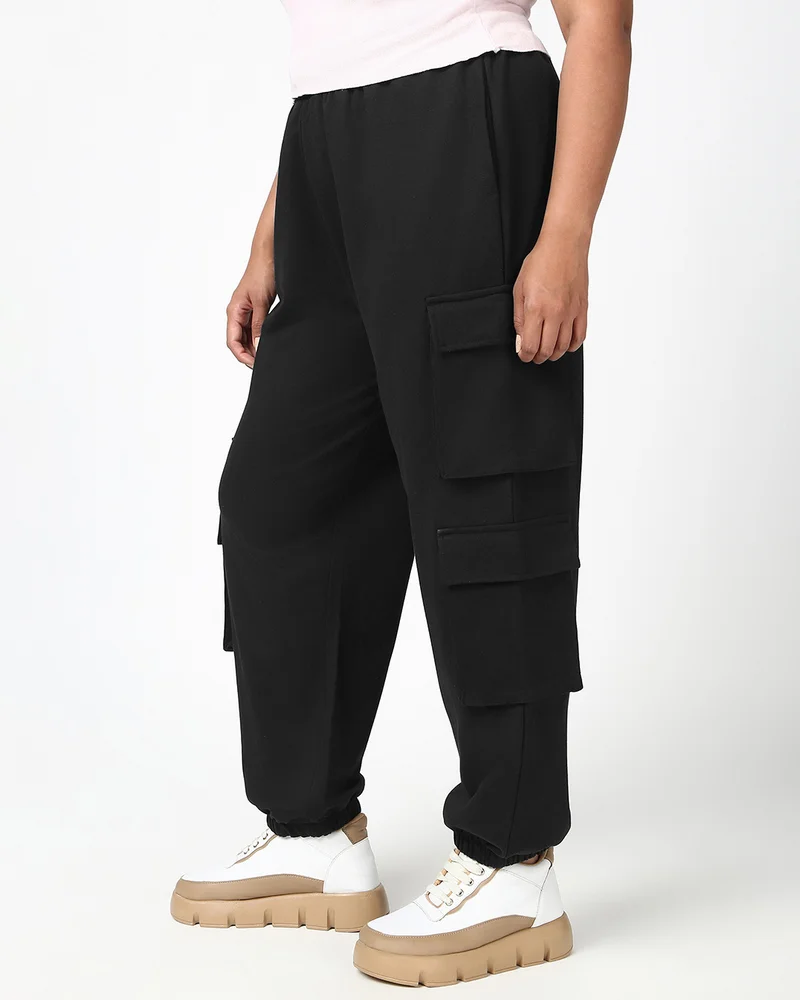 بيواكوف Women's Black Super Loose Fit Plus Size Cargo Joggers